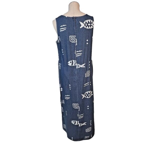 Blue J Denim Jean Jumper Dress Size Medium Fish Print Abstract Y2K Cotton VTG - Picture 7 of 9